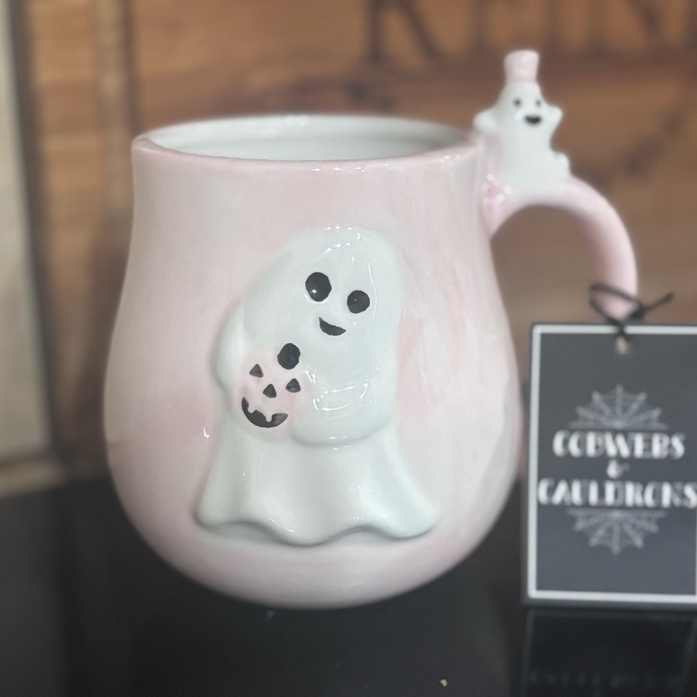 Hand Painted Pink Ghost Coffee Cup Mug Halloween Cobwebs Cauldrons